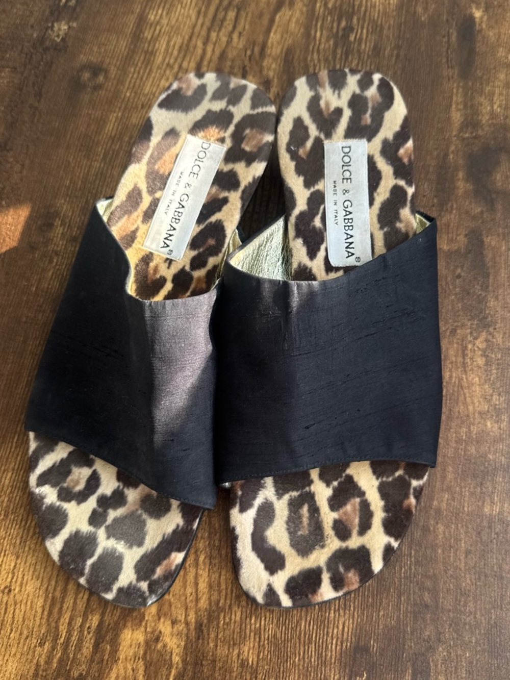 Dolce & Gabbana Black Leather Slides with Leopard Insole